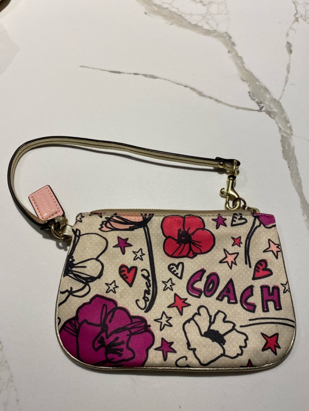 COACH Cream Floral Print Wristlet with Pink and Magenta Accents